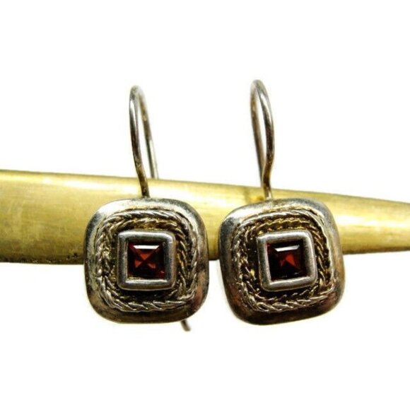 925 Square Amethyst Earrings Hoop Clasp Sterling Silver Vintage Patina - Picture 5 of 6